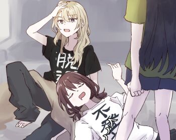 Rule 34 | 3girls, awa subaru, barefoot, black pants, black shirt, black shorts, blonde hair, brown hair, closed eyes, commentary request, drooling, girls band cry, green shirt, grey eyes, hand on own head, iseri nina, kawaragi momoka, lap pillow, long hair, multicolored hair, multiple girls, open mouth, pants, roots (hair), setou (bpdne), shikai no sumi kuchiru oto, shirt, short sleeves, short twintails, shorts, sleeping, toes, twintails, white shirt