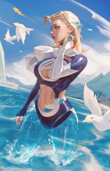 1girl 2boys ahoge beach ben_grimm bird blonde_hair boat breasts cleavage cleavage_cutout clothing_cutout earrings eyewear_on_head fantastic_four flying highres jewelry johnny_storm looking_to_the_side marvel marvel_rivals mountainous_horizon multiple_boys official_alternate_costume official_alternate_hairstyle partially_invisible raikoart seagull solo_focus sue_storm sue_storm_(azure_shade) swimsuit watercraft white-framed_eyewear
