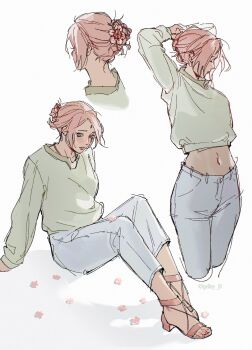 1girl arms_behind_head blue_pants breasts closed_eyes commentary cowboy_shot cropped_legs cropped_sweater english_commentary facial_mark facing_away flower forehead_mark full_body gelley_j0 green_eyes green_sweater hair_flower hair_ornament haruno_sakura highres light_blush medium_breasts midriff multiple_views naruto_(series) naruto_shippuuden navel open-toe_shoes pants parted_bangs pink_flower pink_hair pink_shoes shoes sitting sketch solo sweater twitter_username updo