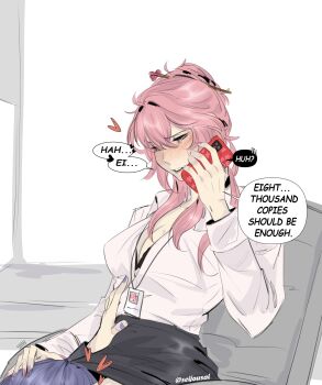 2girls artist_name black_skirt breasts cellphone cleavage collared_shirt cunnilingus english_text genshin_impact hair_ornament hair_stick heart highres holding holding_phone long_hair multiple_girls office_lady oral phone pink_hair purple_hair purple_nails raiden_shogun seijousai shirt sitting skirt smartphone white_shirt yae_miko yuri