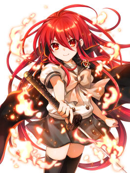 >:) 1girl black_thighhighs bow child closed_mouth commentary_request grey_bow grey_sailor_collar grey_skirt hair_between_eyes highres holding holding_sword holding_weapon katana long_hair looking_at_viewer puffy_short_sleeves puffy_sleeves red_eyes red_hair sailor_collar school_uniform serafuku shakugan_no_shana shana shirt short_sleeves skirt smile solo standing sword tachitsu_teto thighhighs v-shaped_eyebrows very_long_hair weapon white_background white_shirt