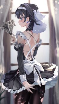 1girl absurdres alternate_costume black_dress black_hair black_pantyhose blue_eyes bow bow_earrings commentary dress duster earrings english_commentary enmaided feather_duster highres holding holding_duster hololive hololive_english indoors jewelry kenzeeato looking_back maid medium_hair ouro_kronii pantyhose solo torn_clothes torn_pantyhose veil virtual_youtuber window