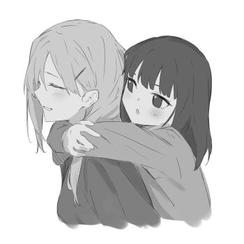 2girls blush carrying carrying_person greyscale hair_ornament hairclip highres kanade_(kanade_3344) long_hair long_sleeves monochrome multiple_girls open_mouth original simple_background upper_body white_background yahazu_tobira yahazu_tobira's_maid