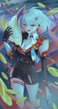 1girl animal animal_on_shoulder bare_legs bare_shoulders belt black_gloves coin commentary english_commentary gloves gold_coin hand_up highres holding holding_weapon honkai:_star_rail honkai_(series) looking_at_viewer multicolored_eyes multicolored_hair numby_(honkai:_star_rail) open-chest_sweater open_mouth sweater teeth topaz_(honkai:_star_rail) trotter_(honkai:_star_rail) weapon