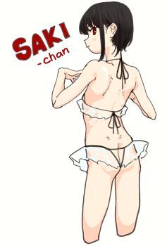 1girl absurdres ass back bare_arms bare_shoulders bikini bikini_skirt black_hair bright_pupils butt_crack character_name closed_mouth cowboy_shot cropped_legs dimples_of_venus flat_ass flat_chest frilled_bikini frills from_behind halterneck hands_up highres looking_at_viewer looking_back mattsuu original profile red_eyes revealing_clothes see-through_clothes short_hair short_hair_with_long_locks shoulder_blades sidelocks simple_background sketch solo standing swimsuit transparent_bikini white_background white_bikini white_pupils