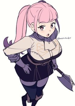 1girl :o axe black_boots blue_thighhighs blunt_bangs boots breasts do_m_kaeru fire_emblem fire_emblem:_three_houses from_above garreg_mach_monastery_uniform hand_on_own_hip hilda_valentine_goneril holding holding_axe large_breasts long_hair looking_at_viewer looking_up nintendo open_mouth pink_eyes pink_hair simple_background solo thighhighs thighs twintails twitter_username white_background