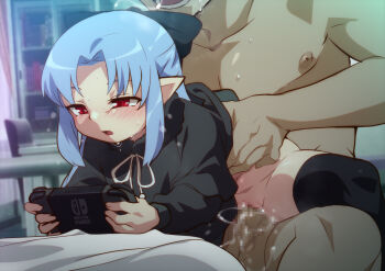 1boy 1girl age_difference bedroom black_dress black_thighhighs blue_hair blush bottomless censored clothed_female_nude_male completely_nude dress handheld_game_console hetero highres holding holding_handheld_game_console indoors jcm2 len_(tsukihime) lifting_person loli long_hair long_sleeves mosaic_censoring nintendo_switch nipples nude open_mouth pectorals penis playing_games pointy_ears pussy pussy_juice red_eyes sex sweat teeth thighhighs tongue tsukihime vaginal