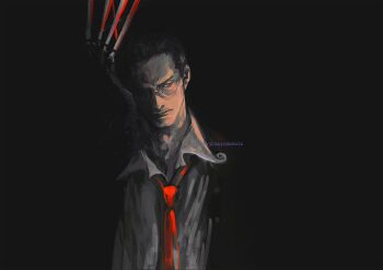 1boy black_background black_hair black_jacket captain_kuro closed_mouth commentary glasses hair_slicked_back jacket looking_to_the_side male_focus necktie one_piece red_necktie shirt solo symbol-only_commentary tsuyomaru twitter_username upper_body white_shirt