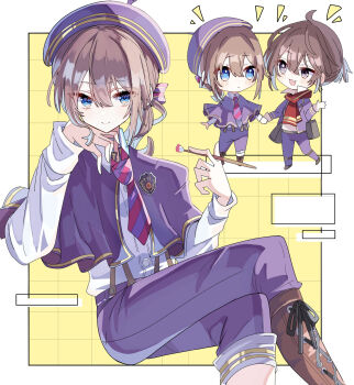 2boys :d androgynous beret blue_capelet blue_eyes blue_jacket blue_pants blush boots bow brown_boots c: capelet crossed_legs edgar_valden edgar_valden_(turpentine) fang gold_trim grey_eyes hair_between_eyes hat highres holding holding_paintbrush identity_v jacket looking_to_the_side luca_balsa luca_balsa_(eccentric) male_focus multiple_boys necktie open_mouth paintbrush pants ponytail potechi_(kaoriion613) red_scarf scarf shirt short_ponytail skin_fang smile striped_bow striped_necktie trap white_shirt