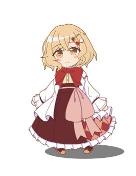 1girl arms_at_sides assault_lily blush bow bowtie brown_hair brown_shoes brown_skirt closed_mouth commentary_request crossed_bangs deformed frilled_skirt frills full_body hair_ornament hairclip heart heart_hair_ornament high-waist_skirt highres kuwata_io lab_coat long_sleeves looking_at_viewer orange_eyes red_bow red_bowtie shirt shoes short_hair simple_background skirt sleeve_bow sleeves_past_wrists smile solo standing white_background wide_sleeves yajiuma_no_jesse yellow_shirt