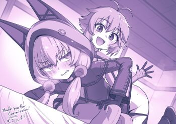 2girls absurdres altina_orion animal_ear_hood antenna_hair ass ass_smack bent_over blue_hair double-parted_bangs eiyuu_densetsu fake_animal_ears heebee highres hood humiliation millium_orion monochrome multiple_girls over_the_knee punishment sen_no_kiseki sen_no_kiseki_(series) sen_no_kiseki_ii spanked spanking