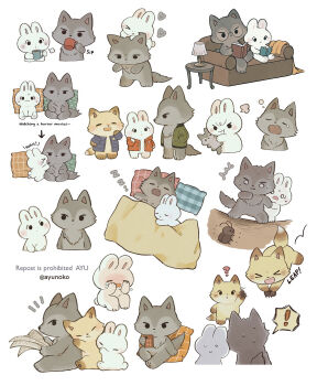 Rule 34 | > <, :d, :o, ?, animal focus, arrow (symbol), artist name, ayu (mog), blanket, book, bug, closed eyes, closed mouth, cockroach, commentary, couch, cup, drinking, english commentary, english text, fang, fox, glasses, highres, holding, holding book, holding cup, holding phone, insect, lamp, lying, multiple views, newspaper, no humans, notice lines, on back, on head, open book, open mouth, original, phone, pillow, rabbit, reading, round eyewear, scared, simple background, sitting, sleeping, smile, solid circle eyes, sweat, twitter username, under covers, watermark, white background, wolf, xd, zzz