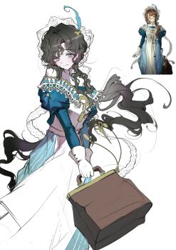 1girl absurdres apron bag black_hair blue_feathers brown_bag cosplay feather_hair_ornament feathers floating_hair gloves hair_ornament hashtag-only_commentary hat highres holding holding_bag isolde_(reverse:1999) juliet_sleeves kakania_(reverse:1999) kakania_(reverse:1999)_(cosplay) long_hair long_sleeves looking_at_viewer popo_07274 puffy_sleeves purple_eyes reference_inset reverse:1999 scissors smile solo very_long_hair white_apron white_background white_gloves white_hat