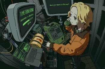 1girl alleyropolis androgynous arms_up arrow_(symbol) blonde_hair blue_pants blue_shirt brown_jacket brown_trim cable closed_mouth collared_jacket collared_shirt commentary_request computer computer_keyboard corded_phone delorean denim earrings english_text engrish_text expressionless fisheye flat_chest from_above from_side full_body green_eyes half-closed_eyes holding holding_phone indoors jacket jeans jewelry laptop leather leather_jacket lever long_sleeves looking_at_screen medium_hair mixing_console monitor multiple_monitors orange_jacket original pants parted_bangs parted_hair payphone phone phone_booth plaid_clothes plaid_shirt progress_bar puffy_long_sleeves puffy_sleeves radar ranguage science_fiction shadow shirt shoes sidelocks sneakers solo standing thick_eyelashes tile_floor tiles time_machine time_travel timestamp toy_car two-sided_fabric two-sided_jacket two-tone_shirt untucked_shirt waveform wavy_hair white_shoes window wing_collar yellow_shirt