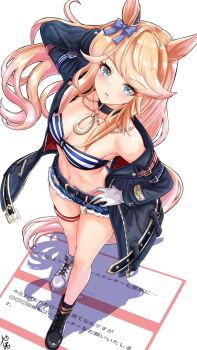1girl animal_ears arm_behind_head asymmetrical_footwear bandeau belt black_belt black_jacket blonde_hair blue_bow blue_eyes blush bow breasts chain cleavage commentary_request cutoffs denim denim_shorts ear_bow gloves gold_chain gold_city_(authentic/1928)_(umamusume) gold_city_(umamusume) hand_on_own_hip highres horse_ears horse_girl horse_tail jacket long_hair long_sleeves marshmallow_(site) medium_breasts midriff mismatched_footwear navel open_clothes open_jacket parted_lips request_inset shorts single_glove solo strapless striped_bandeau tail thigh_strap tube_top umamusume yashimo_1875