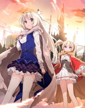 Rule 34 | 2girls, alicia vladia sarkista, blonde hair, blue jacket, blush, breasts, brown cape, buta koushaku, cape, charlotte lily hughjack, cloud, cover image, green eyes, hair between eyes, headgear, holding, holding wand, jacket, long hair, long sleeves, multiple girls, nauribon, novel illustration, official art, one side up, orange cape, outdoors, petals, plaid clothes, plaid skirt, pleated skirt, purple eyes, purple skirt, red jacket, shirt, skirt, sky, small breasts, standing, sunset, textless version, thighhighs, tower, twintails, very long hair, wand, white legwear, white shirt, white skirt, wide sleeves