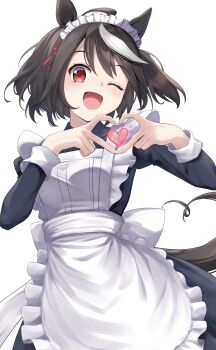 Rule 34 | 1girl, :d, alternate costume, animal ears, apron, back bow, black dress, black hair, bow, commentary request, dress, enmaided, finger heart, frilled apron, frills, hands up, headband, heart, highres, horse ears, horse girl, horse tail, kitasan black (umamusume), long sleeves, maid, maid headdress, multicolored hair, one eye closed, open mouth, red ribbon, ribbon, simple background, smile, solo, streaked hair, tail, uine (bobhairshuki), umamusume, white apron, white background, white bow, white headband, white streaks
