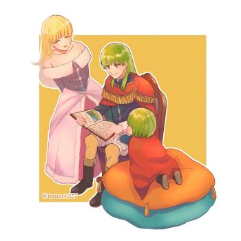 1girl 2boys bare_shoulders blonde_hair blue_jacket book boots border brown_boots cape chair closed_eyes closed_mouth collarbone collins_(dq5) commentary_request dragon_quest dragon_quest_v dress earrings family father_and_son full_body green_hair henry_(dq5) highres holding holding_book husband_and_wife jacket jewelry leaning_to_the_side long_hair long_skirt maria_(dq5) mother_and_son multiple_boys off-shoulder_dress off_shoulder on_chair open_book outside_border pillow pink_skirt red_cape short_hair sitting skirt smile standing tsunao527 twitter_username white_border yellow_background