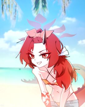 absurdres bangs_pinned_back beach bikini black_horns blue_archive bow collarbone covered_erect_nipples criss-cross_halter denim denim_shorts dragon_girl dragon_tail eyeshadow hair_bow halo halterneck highleg highleg_bikini highres horns long_hair makeup official_alternate_costume open_fly outdoors red_eyeshadow red_hair red_halo red_tail renge_(blue_archive) renge_(swimsuit)_(blue_archive) revision shorts single_horn smile swimsuit tail tobeymaru