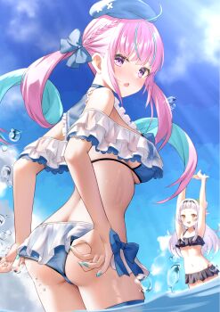2girls adjusting_clothes adjusting_swimsuit ahoge alternate_costume aqua_hair arched_bangs arms_up ass beret bikini black_bikini blue_bikini blue_hat blue_sky blunt_bangs braid breasts butt_crack cloud colored_inner_hair commentary_request cone_hair_bun day drill_hair faubynet frilled_bikini frills grey_hair hair_bun half_up_braid hat highres hololive large_breasts linea_alba long_hair looking_at_viewer median_furrow minato_aqua multicolored_hair multiple_girls murasaki_shion navel open_mouth outdoors outstretched_arms pink_hair purple_eyes revision short_eyebrows side-tie_bikini_bottom side_up_bun sidelocks single_side_bun sky stomach streaked_hair stretching swimsuit thigh_strap twin_drills twintails two-tone_hair virtual_youtuber wading water yellow_eyes