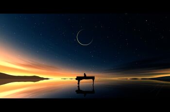 absurdres cat colorful commentary_request crescent_moon dusk gradient_sky highres horizon instrument letterboxed moon nengoro no_humans original outdoors piano reflective_surface scenery signature silhouette sky sky_focus star_(sky) starry_sky watermark