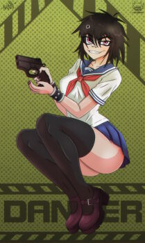 1girl absurdres aged_up black_hair black_socks black_thighhighs blue_sailor_collar bracelet breasts bullet_hole collarbone cyborg_noodle_(gorillaz) cyru_barrios evil_smile gesugao gorillaz hair_between_eyes highres hole_in_head iluminaughter incredibly_absurdres jewelry neckerchief noodle_(gorillaz) open_mouth platform_shoes pleated_skirt purple_eyes red_neckerchief sailor_collar school_uniform serafuku shirt shoes short_hair skindentation skirt small_breasts smile socks solo spiked_bracelet spikes thick_thighs thighhighs thighs upturned_nose weapon white_shirt wide_hips