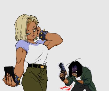 1boy 1girl absurdres alternate_costume alternate_skin_color android_17 android_18 arm_up belt black_belt black_hair black_pants blonde_hair blue_pupils blurry bob_cut bracelet breasts cal_monssi cellphone clenched_teeth coat dragon_ball dragonball_z furrowed_brow green_coat green_pants gun hand_on_own_cheek hand_on_own_face handgun highres holding holding_gun holding_phone holding_stomach holding_weapon jewelry looking_at_phone multicolored_shirt no_pupils open_mouth pants phone raglan_sleeves selfie shaded_face shaking shirt shirt_tucked_in short_hair short_sleeves siblings smartphone spiked_bracelet spikes sweat tan teeth weapon white_shirt