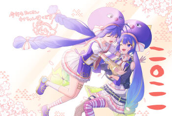 Rule 34 | 2021, 2girls, asymmetrical legwear, band uniform, belt, black jacket, blue hair, blue hat, blue shoes, braid, cherry blossoms, closed eyes, clothing cutout, commentary request, dual persona, eel hat, eighth note, facial tattoo, fang, fishnet thighhighs, fishnets, gradient hair, hat, highres, imminent hug, jacket, kneehighs, large hat, long hair, mismatched legwear, multicolored hair, multiple girls, musical note, necktie, one eye closed, open mouth, otomachi una, otomachi una (spicy), otomachi una (sugar), petals, piano print, pleated skirt, red necktie, shoes, shoulder cutout, skirt, smile, socks, suiso sn3, tattoo, thighhighs, twin braids, very long hair, vocaloid, white skirt, white socks
