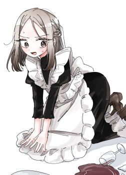 1girl :d all_fours apron boots braid brown_boots brown_hair commentary cup drinking_glass frills gradient_background grey_eyes grey_hair half_up_braid highres juliet_sleeves kimi_no_koto_ga_dai_dai_dai_dai_daisuki_na_100-nin_no_kanojo long_hair long_sleeves maid maid_apron meido_mai open_mouth puffy_sleeves simple_background smile solo sosii_79 spill veil white_apron white_background