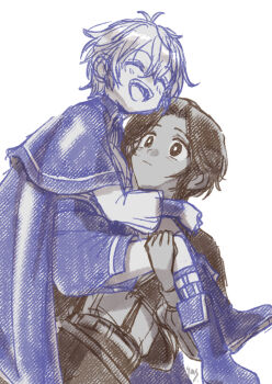 2boys boots carrying carrying_person closed_eyes closed_mouth commentary commentary_request hair_between_eyes highres kamshim_(okiraku_ryoushu) legwear_garter limited_palette long_sleeves male_focus multiple_boys okiraku_ryoushu_no_tanoshii_ryouchi_bouei_~seisan-kei_majutsu_de_na_mo_naki_mura_wo_saikyou_no_jousai_toshi_ni~ open_mouth puffy_sleeves short_hair shorts teeth upper_teeth_only van_nei_fertio white_background yas9_9