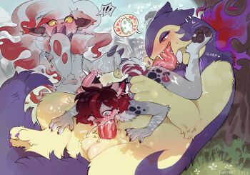 ! !! 1girl 2boys 69 commentary constricted_pupils cum cum_in_mouth cunnilingus egg english_commentary erection fellatio furry furry_female furry_male furry_with_furry gen_2_pokemon gen_5_pokemon green_eyes highres hisuian_typhlosion hisuian_zoroark multiple_boys nintendo oc_x_canon oral original outdoors penis pokemon pokemon_(creature) red_eyes red_hair speech_bubble spoken_exclamation_mark spoken_object swaybat swaybat_(character) testicles tongue tongue_out typhlosion yellow_eyes zoroark