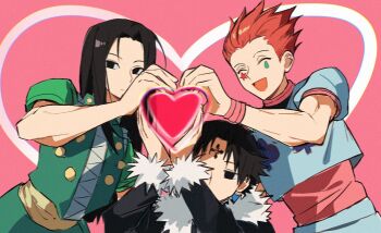 3boys black_eyes black_hair chrollo_lucilfer closed_eyes closed_mouth clown facepaint facial_mark forehead_mark fur-trimmed_collar fur-trimmed_sleeves fur_trim hashtag-only_commentary heart heart_hands heart_hands_trio hisoka_morow hunter_x_hunter illumi_zoldyck long_hair looking_at_viewer male_focus multiple_boys open_mouth pink_background red_hair sevenlistening short_hair simple_background star_(symbol) star_facial_mark tattoo teardrop_tattoo
