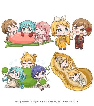 2boys 4girls :d :o ;o black_shoes blonde_hair blue_eyes blue_hair brother_and_sister brown_dress brown_eyes brown_hair brown_kimono brown_shirt chibi closed_mouth collared_shirt dress green_eyes green_hair green_jacket grey_jacket grey_pants grey_shoes hair_ornament hair_ribbon hairclip hatsune_miku highres holding jacket japanese_clothes kagamine_len kagamine_rin kaito_(vocaloid) kimono kokeshi long_hair long_sleeves megurine_luka meiko_(vocaloid) mochimiko multiple_boys multiple_girls obi official_art one_eye_closed open_clothes open_jacket open_mouth orange_kimono pants pink_dress pink_hair plaid_clothes plaid_dress puffy_long_sleeves puffy_sleeves ribbon sash shirt shoes siblings simple_background sleeveless sleeveless_dress smile socks sweater_vest swept_bangs twintails very_long_hair vocaloid watermark web_address white_background white_pants white_ribbon white_shirt white_socks wide_sleeves