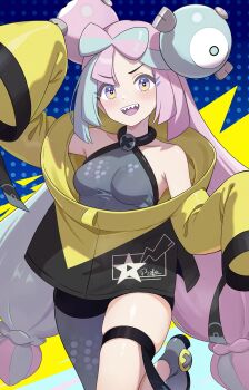 1girl breasts iono_(pokemon) medium_breasts multicolored_hair pokemon pokemon_sv sharp_teeth solo string_rafart teeth twintails
