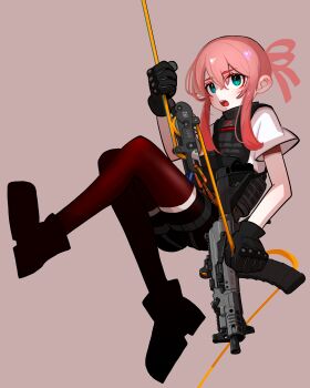 Rule 34 | 1girl, absurdres, arm up, black gloves, blue eyes, boots, brown background, brown shorts, brown thighhighs, commentary request, full body, gloves, gun, hair between eyes, highres, holding, holding gun, holding weapon, iwasawayuki, looking at viewer, open mouth, original, pink hair, rappelling, shirt, short shorts, short sleeves, shorts, simple background, solo, thighhighs, thighhighs under boots, weapon, weapon request, white shirt