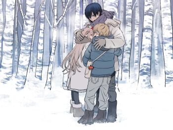 1girl 2boys ^_^ aged_down black_hair black_pantyhose blonde_hair blush boots breath chainsaw_man character_charm charm_(object) closed_eyes coat commentary_request demon_horns denji_(chainsaw_man) fatherly forest full_body fur-trimmed_boots fur_trim hayakawa_aki highres horns hug jacket long_hair multiple_boys nature nn_chco outdoors padded_jacket pantyhose pink_hair pochita_(chainsaw_man) power_(chainsaw_man) purple_scarf scarf sharp_teeth slice_of_life smile snow straight_hair teeth very_long_hair white_coat white_jacket