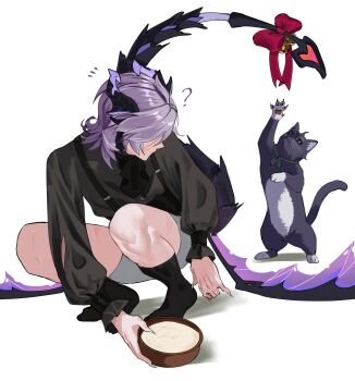 1boy 1other ? animal bell black_socks cat claws didin_ed dragon_boy dragon_horns dragon_tail dragon_wings durin_(genshin_impact) genshin_impact highres horns long_sleeves purple_hair red_ribbon ribbon scaramouche_(cat)_(genshin_impact) scaramouche_(genshin_impact) scratches shorts socks tail white_background wings