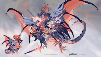 b.i.a chibi chibi_inset claws colored_skin dragon dragon_wings feathered_wings full_body grey_background grey_scales looking_to_the_side monster monster_focus multicolored_skin multicolored_wings multiple_wings open_mouth orange_scales orange_wings original simple_background spiked_tail spines tail talons text_background wings