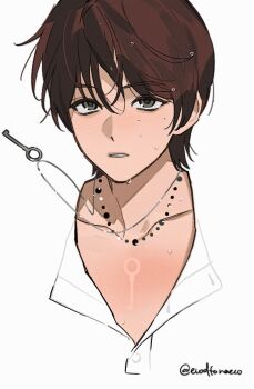 1boy brown_eyes brown_hair collarbone evodtonaeco freckles grey_eyes hair_between_eyes jewelry looking_at_viewer male_focus necklace original parted_lips portrait shirt short_hair simple_background solo twitter_username upper_body wet wet_clothes wet_hair white_background