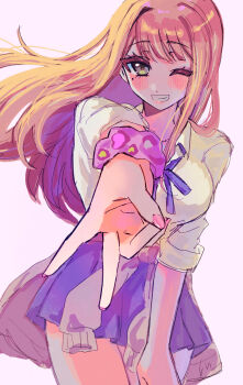 Rule 34 | 1girl, absurdres, aoiringo, blue ribbon, blue skirt, blush, breasts, brown cardigan, cardigan, cardigan around waist, clothes around waist, commentary request, foreshortening, gakuen idolmaster, green eyes, grin, gyaru, hatsuboshi gakuen school uniform, highres, idolmaster, kogal, large breasts, long hair, looking at viewer, miniskirt, mole, mole under eye, neck ribbon, orange hair, pleated skirt, ribbon, school uniform, scrunchie, shirt, shiun sumika, simple background, skirt, smile, solo, straight hair, thighs, very long hair, white background, white shirt, wrist scrunchie