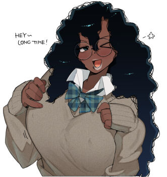 >_o 1girl black_hair blue_ribbon breasts broccoli_(ohasi) cardigan collared_shirt commentary covered_erect_nipples dark-skinned_female dark_skin english_text face_piercing glasses hair_between_eyes half-closed_eyes hands_on_own_chest hands_up kinky_hair large_breasts long_hair looking_at_viewer lower_teeth_only neck_ribbon nose_piercing nostril_piercing ohasi one_eye_closed open_mouth original piercing ribbon round_eyewear school_uniform shirt side_labret_piercing simple_background sleeves_past_wrists smile solo star_(symbol) symbol-only_commentary teeth upper_body v-shaped_eyebrows very_dark_skin white_background wink_star