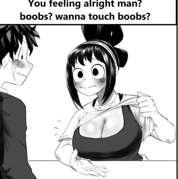 1boy 1girl ? artist_request asui_tsuyu blush blush_stickers boku_no_hero_academia breasts cleavage clothes_lift english_text hetero large_breasts midoriya_izuku monochrome scar shirt_lift