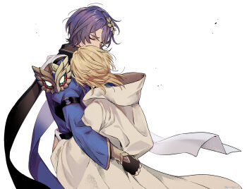 2boys ancient_greek_clothes armor artist_name aventurine_(honkai:_star_rail) black_gloves black_shirt blonde_hair blue_pants closed_eyes collared_shirt commentary_request cowboy_shot dr._ratio_(honkai:_star_rail) eyeshadow facing_away fingerless_gloves from_behind gloves greco-roman_clothes hair_between_eyes hair_ornament highres honkai:_star_rail honkai_(series) hug kakavasha_(honkai:_star_rail) long_sleeves makeup male_focus medium_hair multiple_boys pants parted_bangs pauldrons purple_hair red_eyeshadow shirt short_hair shoulder_armor simple_background single_pauldron sleeve_cuffs standing twitter_username vambraces white_background wide_sleeves yurugi_(yurugi_h)