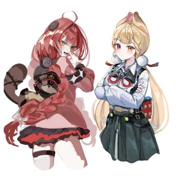 2girls ahoge alice_thymefield animal_ear_fluff animal_ears animal_on_back black_gloves black_hat blonde_hair blush braid braided_twintails breasts cardigan chest_bow closed_mouth commentary_request cropped_legs crossed_arms fingerless_gloves from_behind gloves green_eyes green_skirt hair_ornament hand_up hat hearing_aid heterochromia highres kamanosuke_(zenless_zone_zero) long_hair looking_at_viewer looking_back low_twintails medium_breasts multiple_girls multiple_hair_ribbons open_mouth pink_cardigan rabbit_ears rabbit_girl raccoon red_eyes red_hair shirt simple_background skirt sphere_hair_ornament tanuki thigh_strap twintails ukinami_yuzuha white_background white_shirt yellow_eyes yonagiri_47 zenless_zone_zero