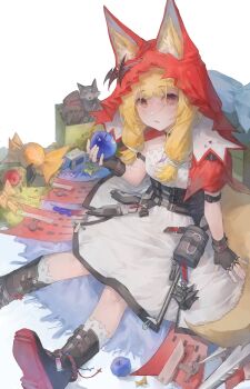 1girl absurdres animal_ear_fluff animal_ears apple arknights arknights:_endfield black_gloves blonde_hair cape chinese_commentary commentary dress ears_through_headwear fingerless_gloves food fruit gloves highres holding hood hood_up hooded_cape long_hair mumu_millhayes open_mouth red_cape rossi_(arknights) solo tail white_dress wolf_ears wolf_girl wolf_tail yellow_eyes