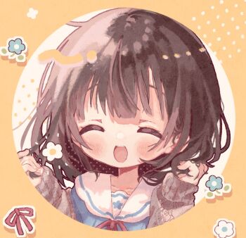 1girl :d ^_^ blue_shirt blush border brown_hair brown_sweater closed_eyes commentary commission facing_viewer hands_up highres kamizakana_iriko long_sleeves neck_ribbon open_mouth original red_ribbon ribbon round_border sailor_collar school_uniform serafuku shirt short_hair skeb_commission smile solo sweater white_background white_sailor_collar yellow_border