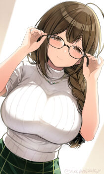 1girl adjusting_eyewear ahoge bespectacled black-framed_eyewear braid breasts brown_eyes brown_hair closed_mouth commentary_request glasses green_skirt hands_up highres idolmaster idolmaster_shiny_colors jewelry kuwayama_chiyuki large_breasts long_hair necklace paid_reward_available ribbed_sweater side_braid skirt smile solo sweater turtleneck turtleneck_sweater twitter_username upper_body urabanasimati white_sweater
