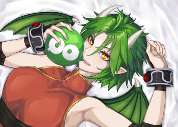 1girl 1other absurdres armpits biting bracelet china_dress chinese_clothes collar commentary_request dra_combo draco_centauros dragon_girl dragon_horns dragon_wings dress elbow_pads green_hair green_wings hair_between_eyes hand_guard highres holding horns jewelry lying madou_monogatari on_back puyo_(puyopuyo) puyopuyo red_dress sharp_teeth short_hair slime_(creature) slit_pupils squeezing tears teeth wings yellow_eyes