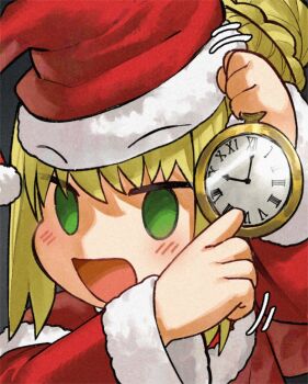 arm_up blonde_hair blush commentary dress fate_(series) fur-trimmed_dress fur-trimmed_headwear fur_trim green_eyes hair_bun hat holding holding_pocket_watch kamisato_sora medium_hair meme motion_lines nero_claudius_(fate) open_mouth padoru_(meme) pocket_watch pointing portrait red_dress red_hat santa_costume santa_hat sidelocks smile solid_circle_eyes symbol-only_commentary watch white_rabbit_pointing_at_a_clock_(meme)