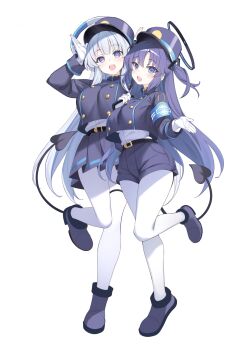 2girls absurdres armband blue_archive blue_hat blue_jacket blue_shorts blue_skirt blush boots breasts buttons commentary_request cosplay cropped_jacket demon_tail double-breasted earrings full_body gloves hair_ornament halo hat highres hikari_(blue_archive) hikari_(blue_archive)_(cosplay) jacket jewelry large_breasts long_hair long_sleeves looking_at_viewer medium_breasts multiple_girls netarou noa_(blue_archive) nozomi_(blue_archive) nozomi_(blue_archive)_(cosplay) open_mouth pantyhose peaked_cap purple_eyes purple_hair shorts sidelocks skirt smile tail two_side_up very_long_hair white_gloves white_hair white_pantyhose yuuka_(blue_archive)